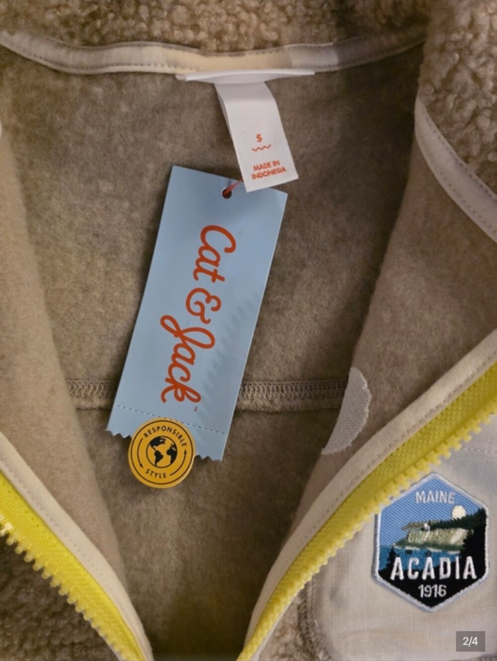 Cat & Jack Kids' Cream Sherpa Zip-Up Jacket with Yellow Trim - Picture 2 of 4